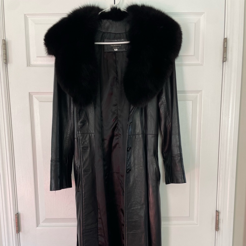 Damselle Black Leather Coat with Fur Trim